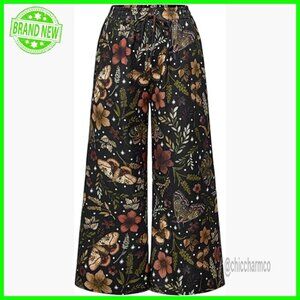Plus Size Wide Leg Palazzo Pants Butterfly Floral Print Drawstring Waist